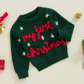 Yassiglia Toddler Girls Boys Christmas Sweaters Fall Winter Warm Jumpers Kids Long Sleeve Crew Neck Pullover Tops Baby Christmas Outfit (Green-My First Christmas, 12-18 Months)