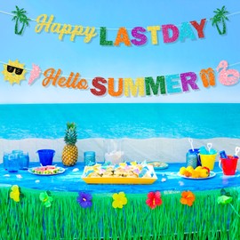 Ushinemi Glitter Happy Last Day Hello Summer Banner, Pre-Strung NO DIY Last Day of School Summer Party Decorations End of School Year Summer Vacation Party Supplies