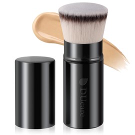 DUcare - Cepillo retráctil para base y autobronceador con parte superior plana kabuki para maquillaje facial líquido, cremoso y en polvo con mango de aluminio