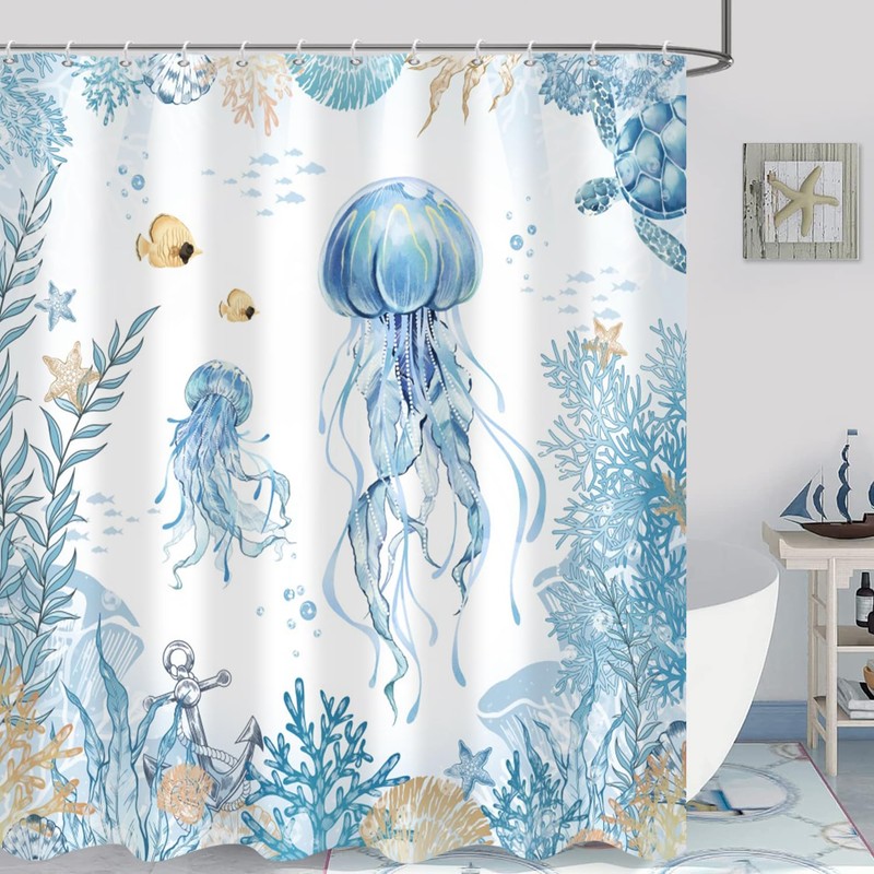 GKLEASG Ocean Jellyfish Shower Curtain Nautical Coral Sea Turtle Coastal