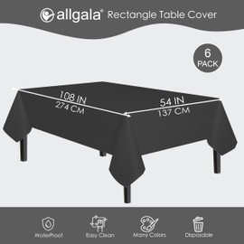 Allgala 6-Pack Premium Plastic Table Cover Medium Weight Disposable Tablecloth-6PK 54"x108"-Black-TC58302