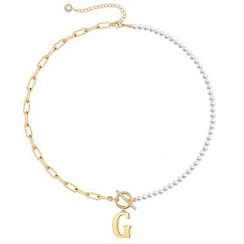 Dainty Initial Pearl Necklace for Women, 14K Gold Plated Paperclip Link Chain Necklace Toggle Clasp Necklace Initial Necklaces Gold Jewelry for Women Letter G