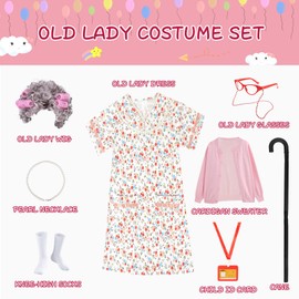 FAYBOX 9 pcs Old Lady Costume for Kids,100 Days of School Costume Old Lady Wig for Girls, Granny Grandma Dress Up