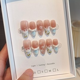 TENPAL Reusable Press on Nails Medium Almond,Hand-Painted Floral Bows Ruched French Tips in Blush Pink,Cottagecore Sweet Fake Nails with Full Manicure Kit,10pcs Cloud-Like Design Garden Party Nail(M)