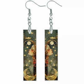 the fun things Celestial Dreaming Moon Goddess Earrings NO TARNISHING Bar Wood Dangle