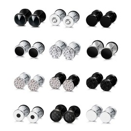 JeweBella 12 Pairs of Fake Plugs Earrings Men Stainless Steel Silver Black Stud Earrings Set Fake Tunnel Earrings Set Round Screw Barbell Ear Plugs Faux Gauges Earrings for Men Women 8 mm, Stainless