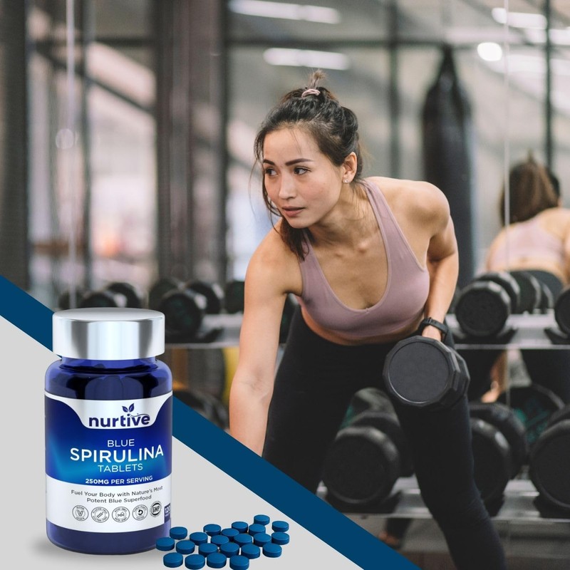 NURTIVE Blue Spirulina Tablets - 250mg per Serving, Phycocyanin Superfood