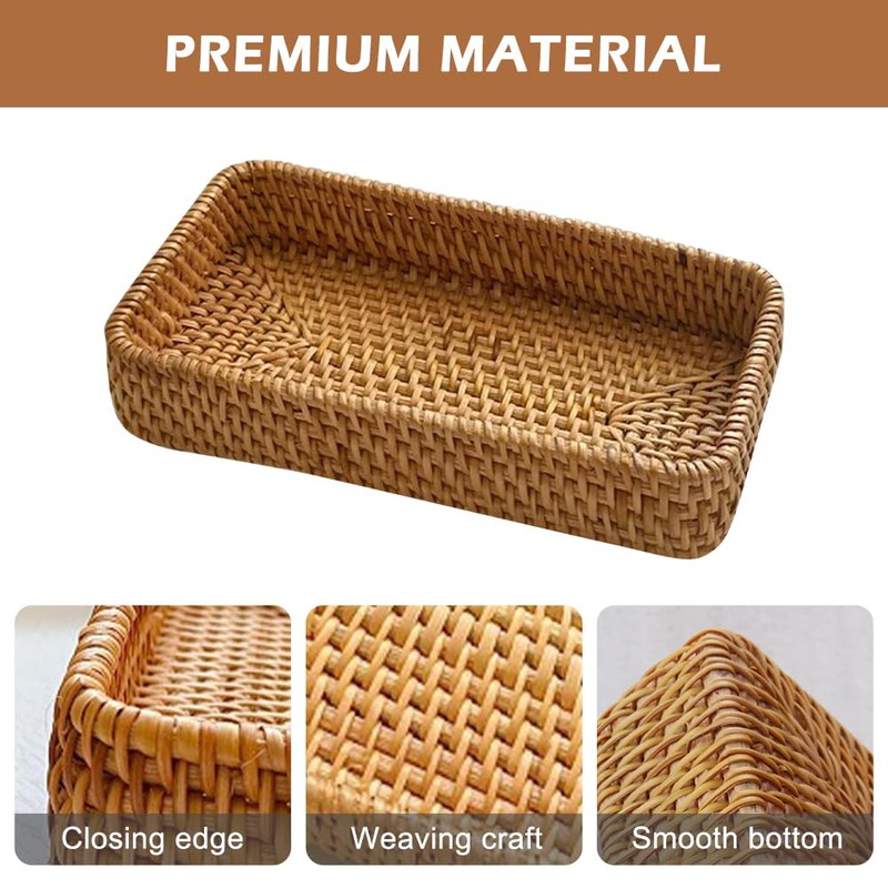 Small Wicker Tray, Rattan Tray Basket for Remotes, Keys, 8.27x4.33x1.57in