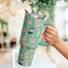 bchiijds 40 oz Corgi Tumbler with Handle Corgi Cups Corgi Lover Gifts for Women Adults Girls, Stainless Steel Corgi Insulated Tumblers with Lids and Straws,Green