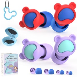 Kids Ear Plugs 2 Pairs(6-12 yrs), Reusable Noise Cancelling Earplugs, Silicone Noise Sensitivity Ear Plugs for Children/Small Ears, Ear Protection for Concerts/Flying/School/Playtime(Red+Purple)