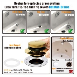 Artiwell Universal Tip Toe Bath Drain Stopper and Cover, Bathtub Drain Stopper, Replaces Lift and Turn, Tip-Toe and Trip Lever drains for Tub, EZ Installation and Clearing (Brushed Gold)