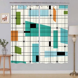 Mid Century Kitchen Curtains, Aesthetic Abstract Geometric Mid Century Kitchen Curtains, Teal Retro Grid Starbursts 1950S 1960S MCM Kitchen Curtain, Retro Modern Kitchen Curtain Set with Hooks (55X39)