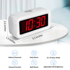 Alarm Clock, Digital Clock, Auto Night-Mode, 3-Level Led Brightness, Battery Powered, 12/24Hr, 1.2'' Red Digits Display, Simple Alarm Clock for Kids Adults Girls Boys, Easy to Set, Easy to Read