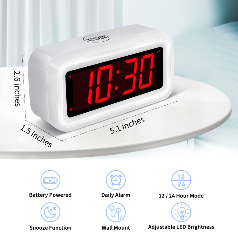 Alarm Clock, Digital Clock, Auto Night-Mode, 3-Level Led Brightness, Battery
