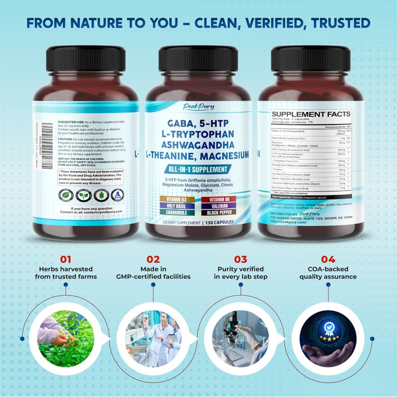PEAKPURY GABA, 5-HTP L-Tryptophan Ashwagandha Chamomile L-Theanine Magnesium