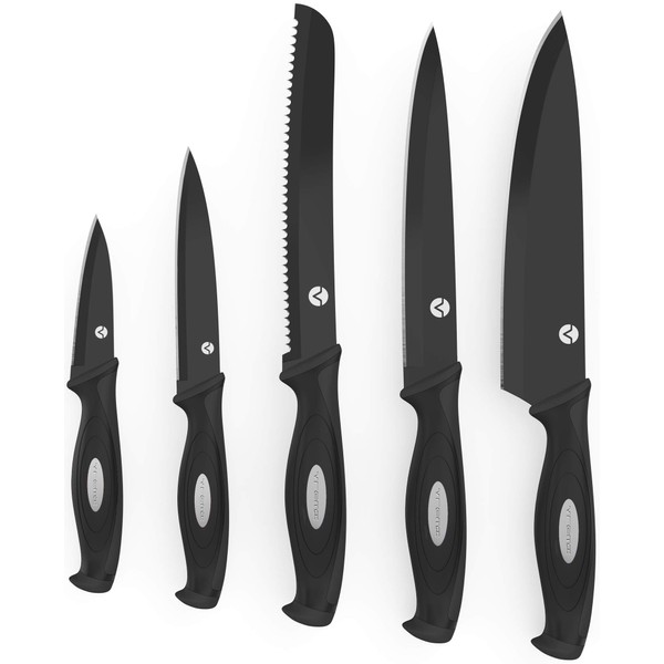 Vremi 10 Piece Black Knife Set - 5 Kitchen Knives with 5 Knife Sheath Covers - Chef Knife Sets with Carving Serrated Utility Chef's and Paring Knives - Magnetic Knife Set with Matching Black Case