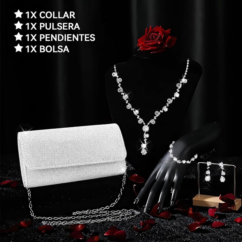 Conjuntos de joyería de Cristal, Embrague de Plata, Collar y