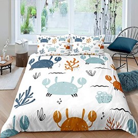 Kids Crab Duvet Cover Cute Cartoon Ocean Crabs Bedding Set Marine Creature Themed Comforter Cover for Boys Girls Kids Room Decor Sea Underwater World Bedspread Single Size With 1 Pillow Case