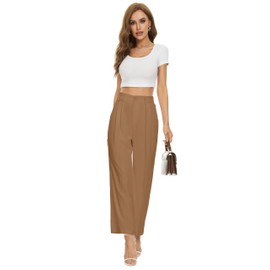 FUNYYZO Women Loose Pleated Front Cropped Pants Wide Leg Straight Trousers with Fake Pocket in The Waist Caramel