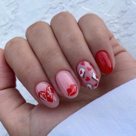 Valentines Press on Nails Medium Almond Fake Nails Pink Valentines False Nails with Heart Red Lips Designs Reusable Acrylic Nails Glossy Stick on Nails for Women 24Pcs