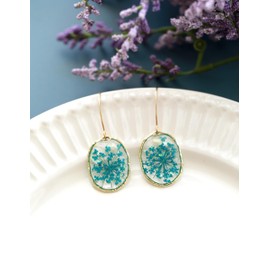 Handmade resin sealed dried pressed natural flowers dangle earrings (Oval turquoise Lace)