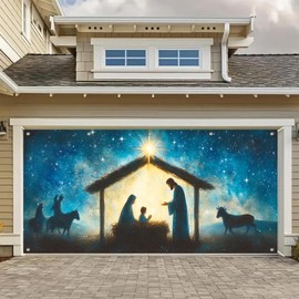 HOMETITUTE Christmas Garage Door Banner 13x6ft Silent Night Holy Nativity Theme Backdrop Holiday Seasonal Decor Winter Door Cover Banners for Outside Garage Wall Covering for Party Garage Decorations