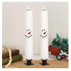 Factory Direct Craft Chunky Primitive Snowman LED Battery-Operated Taper Fit Bottom Candles with Timers Set of 2 - Christmas Candles for Holiday Displays and Decorating (11-1/4 Inches High)