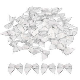MECCANIXITY 50Pcs Mini Metallic Edge Ribbon Bow 1" Satin Ribbon Flower Bows Soft for Craft DIY Hair Bow Sewing Wedding Birthday Party Silver Edge White
