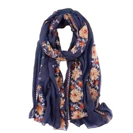 Lutesa Women's Large Stall, Ethnic Style, Embroidered, Floral Pattern, Scarf, Spring/Summer, Stylish, Thin, Office, Cooling Protection, Sun Protection, UV Protection, Travel, Seaside, Gift, navy