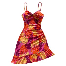 Floerns Women's Summer Tropical Twist Front Ruched Ruffle Hem Bodycon Cami Dress Orange Medium