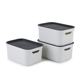 Jive Decorative Box, Set of 3 Storage Boxes, 5 L with Lid, Plastic (PP Recycled), White/Anthracite, 3 x 5 L, (27.8 x 19.5 x 22.4 cm), 3