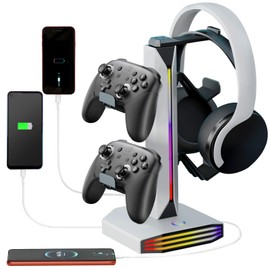 Meiboshin RGB Headphone Stand for Desk - Controller Stand & Gaming Headset Holder with USB & Type-C Ports, Rotatable Earphone Stand & Detachable Controller Holder for Gaming Accessories Storage(White)