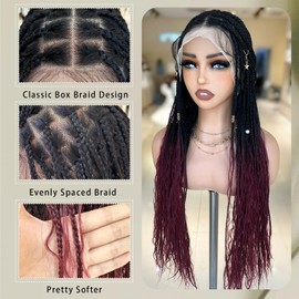 Single Full Lace Frontal Bohemian Braided Wigs for Women 32 Inch Ombre Burgundy Box Braids with Boho Curls Hand Made Square Braided Wig with Baby Hair
