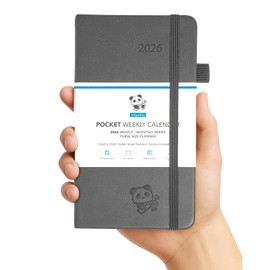 2026 Pocket Calendar by YihurKis - Weekly and Monthly Planner, 3.5'' x 6'', 2026 Purse Planner with Pen Holder, Leather Hard Cover, Inner Pocket For Men & Women - Grey Black