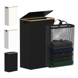 efluky Slim Laundry Basket with Lid, Narrow Laundry Hamper with Removable Bag, Skinny Dirty Clothes Basket with Bamboo Handles for Bathroom, Bedroom & Laundry Room, 75L Black