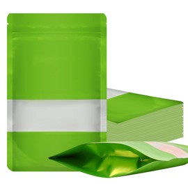 100 Mylar Bags, Resealable Foil Pouch with Clear Window, Stand-up Food Storage Bags, Green, 3.5 x 5 Inch