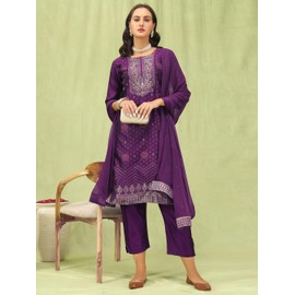 VredeVogel Kurta Set with Dupatta | Cotton Silk Jacquard Woven Kurta Set for Women | Women's Ethnic Casual Kurti Set |Kurta Pant Festive Suit (Purple_X-Large)