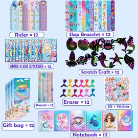 NAISEN 146PCS Mermaid Party Favors 12 Pack Birthday Party Supplies, Little Mermaid Stationery Set Baby Shower Goodie Bag Stuffers Classroom Rewards for Kids Pinata Fillers