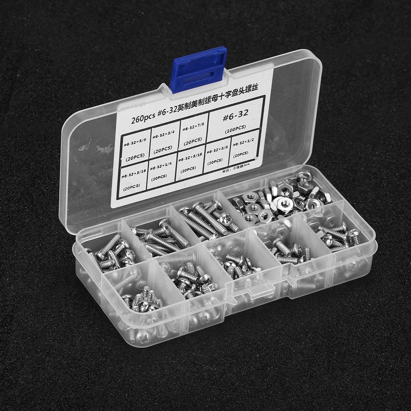 260pcs /set #6-32 Stainless Steel Cross Pan Head Machine Screws