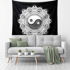 RLoncomix Ying Yang Tapestry Black and White Mandala Tapestry Wall Hanging Mystic Art Tapestry Wall Hanging Beach Blanket, 51.2" x 59.1"