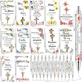 AmazingSpark 48 Pcs Spanish Christian Bulk Gifts for Women 24 Bible Verse Pens 24 Bible Notebooks Christian Gifts for Mother's Day Nurse Teacher Women(Floral Cross)