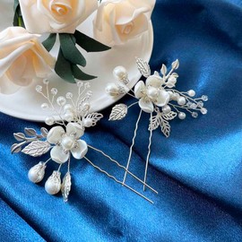 Resweky Pack of 2 Bridal Flower Hair Pins Beads Bridal Hair Pieces Leaf Hair Pin Wedding Bride Hair Accessories for Women and Girls (Silver)