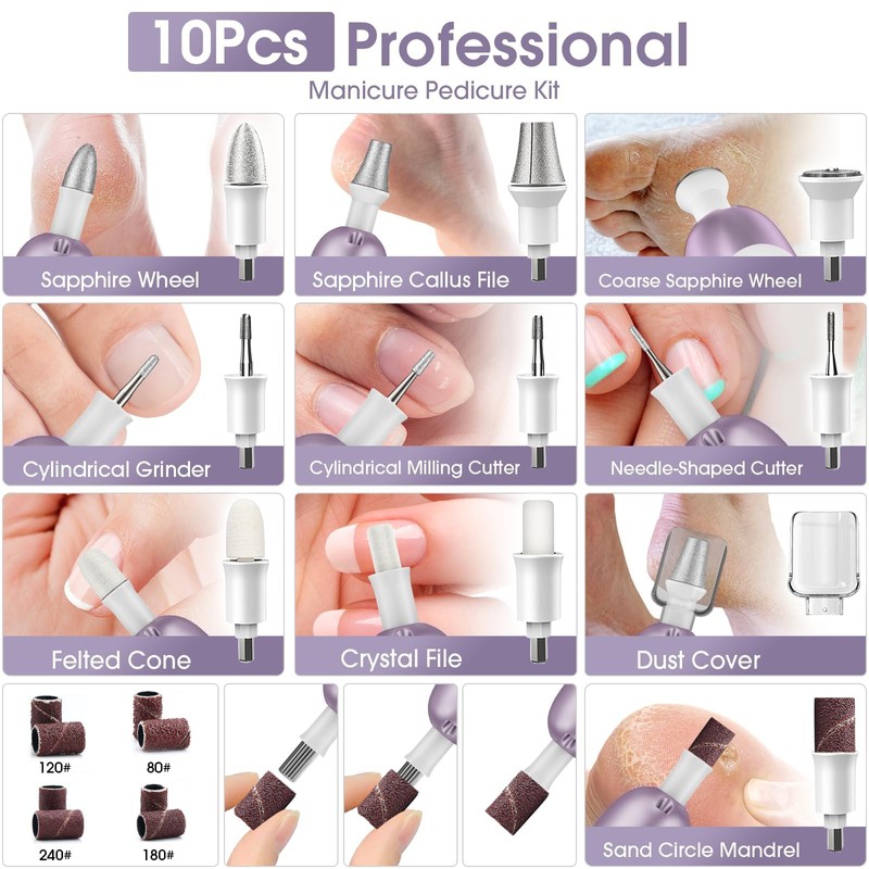 Professional Manicure Pedicure Kit with Memory Modes, Cordless Electric Nail