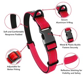 Strong Dog Collar for Small Dogs Red Reflective Adjustable Padded Dog Collar Aluminum V Ring Safety for Dogs