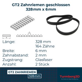 GT2 Closed Timing Belt 6 mm Wide, 2 pieces each (328mm)