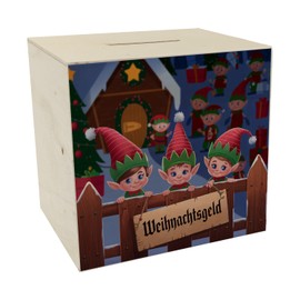 Wooden Elves Money Box Christmas Money – Save with Magic Elf Money Box Made of Wood in Wooden Hut Design Winter Scene for Festive Mood with Christmas Trees