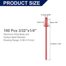 uxcell 100Pcs 3/32" x1/4" Aluminum Blind Rivets, Aluminum Grip and Steel Mandrel, Dome Head Long Split Rivets for Metal, Furniture, Automotive, Red