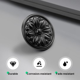EZRENOVA Single Hole Black Solid Zinc Alloy Cabinet Handles (12 Pack) | Floral Embossed Kitchen Drawer Pulls, Southern Hills Style Cabinet Hardware for Dressers & Cabinets