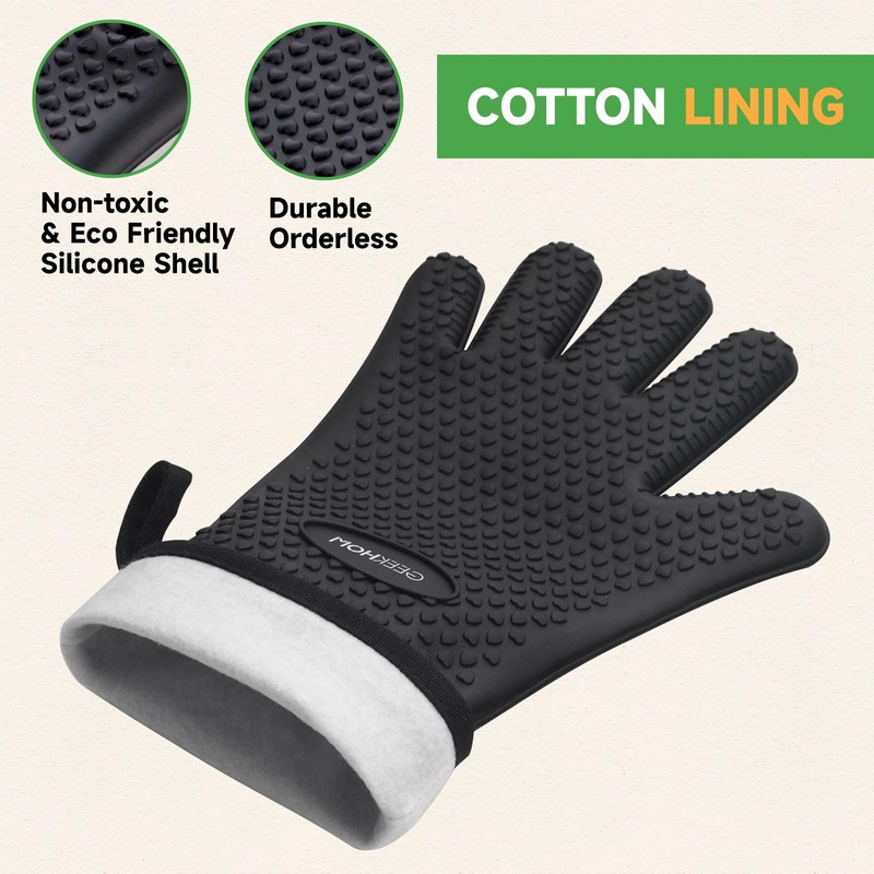GEEKHOM Silicone Oven Gloves Heat Resistant BBQ Gloves with Cotton