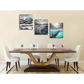 Ardemy Canvas Wall Art Ocean Seascape Blue Painting Prints Modern Lighthouse Teal Coastal Sunset Bridge Grey Turquoise Landscape Pictures Framed for Bedroom Bathroom Living Room Home Office Decor